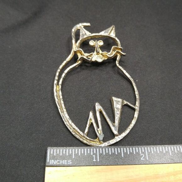 Vintage Original Cat Outline Brooch, 3 1/2 Inches, Distressed Plated Pin - Picture 8 of 10
